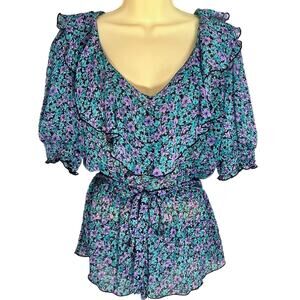 Cottagecore Blouse Womens XLarge Purple Blue Green Micro Floral Ruffle Sheer Top